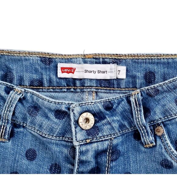 Levi's (Womens Size 7) Shorty Short‎ Cut Off Jean Blue Denim Raw Hem Polka Dot - Picture 2 of 7